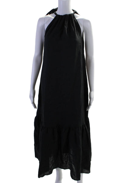 Asceno Womens Linen High Neck Tie Halter Sleeveless Ruffle Long Dress Black Size