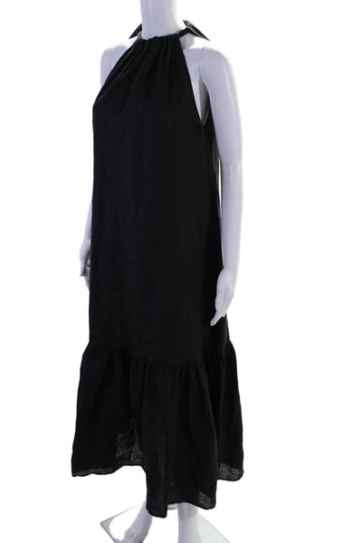 Asceno Womens Linen High Neck Tie Halter Sleeveless Ruffle Long Dress Black Size