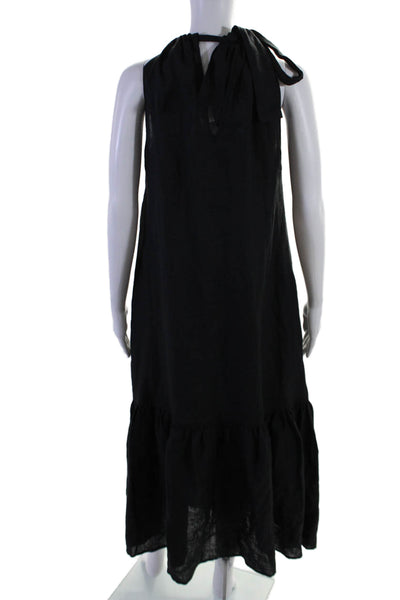 Asceno Womens Linen High Neck Tie Halter Sleeveless Ruffle Long Dress Black Size