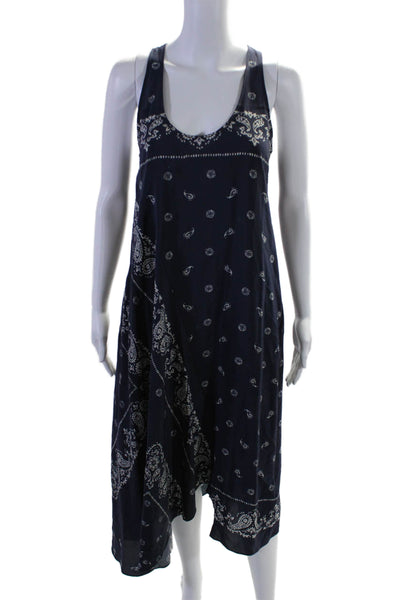 Theory Women's Sleeveless Asymmetrical Bandana Print Midi Silk Dress Blue Size 6