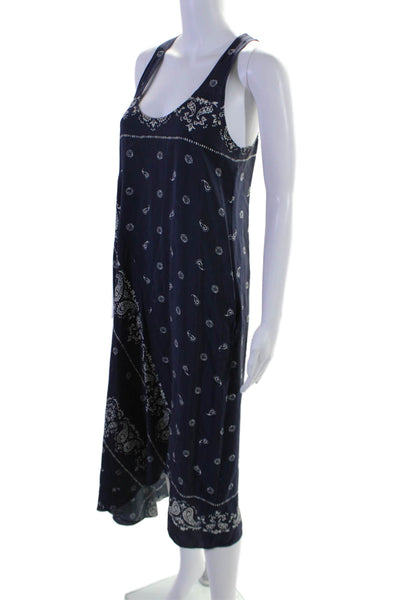 Theory Women's Sleeveless Asymmetrical Bandana Print Midi Silk Dress Blue Size 6