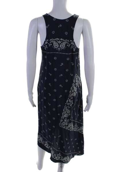 Theory Women's Sleeveless Asymmetrical Bandana Print Midi Silk Dress Blue Size 6