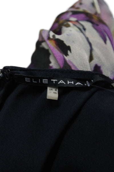 Elie Tahari Womens Silk Zip Long Sleeve Floral Dress Blouse Black Size 0