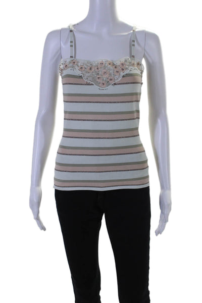 Karen Millen Womens Thin Strap Lace Neckline Striped Beaded Tank Top Green Size