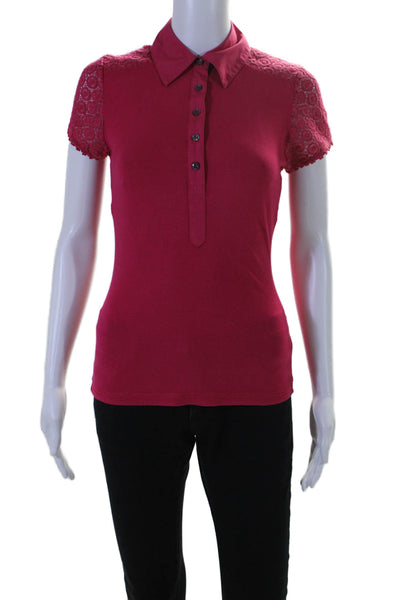 Karen Millen Womens V-neck Buttoned Lace Collar Basic Top Hot Pink Size S