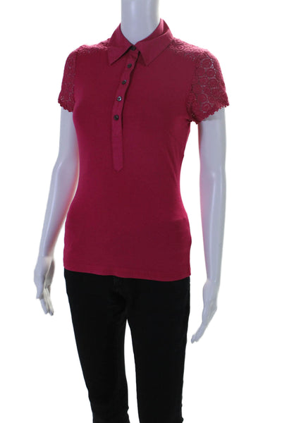 Karen Millen Womens V-neck Buttoned Lace Collar Basic Top Hot Pink Size S