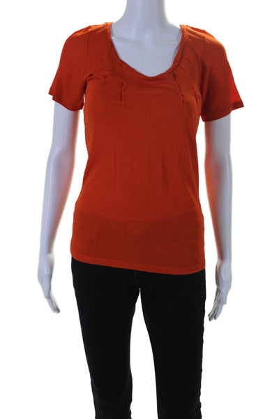 Lava Womens Short Sleeve Sheer Lined Pleated Round Neck Top Orange Size S