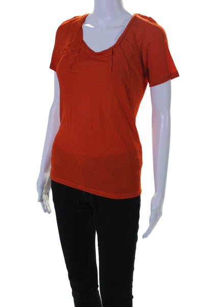 Lava Womens Short Sleeve Sheer Lined Pleated Round Neck Top Orange Size S