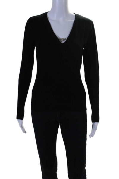 Karen Millen Womens Long Sleeve Ribbed Knit Fit Front Pendant Top Black Size 2