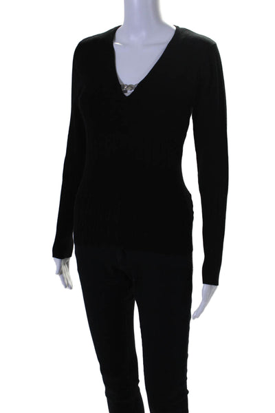 Karen Millen Womens Long Sleeve Ribbed Knit Fit Front Pendant Top Black Size 2