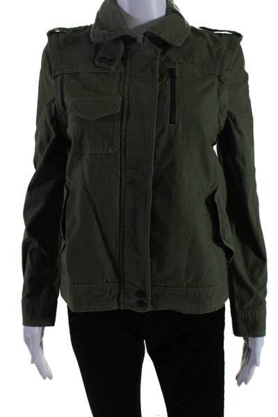 Aether Womens Cotton Textured Zip Lined Collar Button Jacket Army Green Size XS