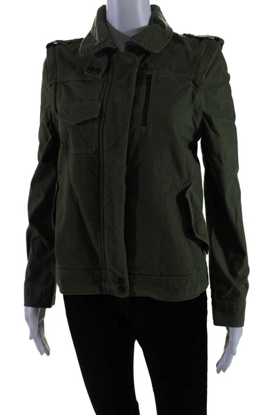 Aether Womens Cotton Textured Zip Lined Collar Button Jacket Army Green Size XS