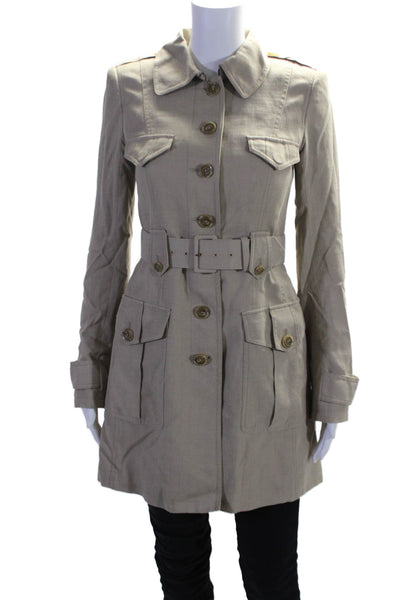 Rachel Zoe Womens Belted Collared Long Sleeve Button Up Longline Coat Tan Size 4