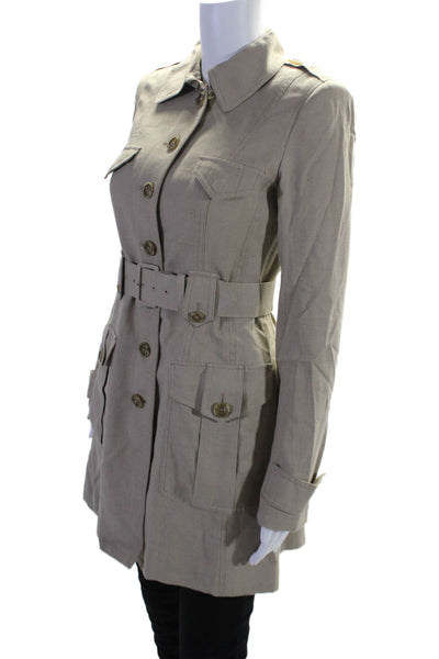 Rachel Zoe Womens Belted Collared Long Sleeve Button Up Longline Coat Tan Size 4