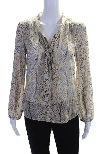 Meadow Rue Womens Metallic Abstract Print Button Up Blouse Top Beige Size XS