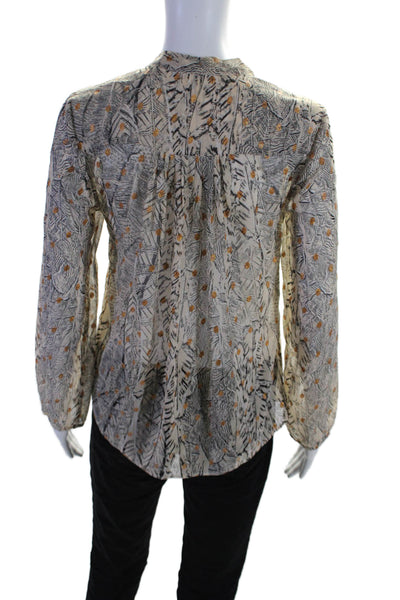 Meadow Rue Womens Metallic Abstract Print Button Up Blouse Top Beige Size XS