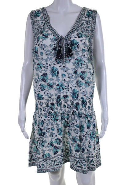 Calypso Saint Barth Womens Floral V Neck Sleeveless Blouson Dress Blue Size L