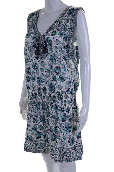 Calypso Saint Barth Womens Floral V Neck Sleeveless Blouson Dress Blue Size L