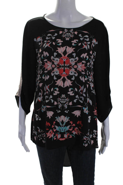 BCBG Max Azria Womens Floral Print Long Sleeves Andie Blouse Black Size Large