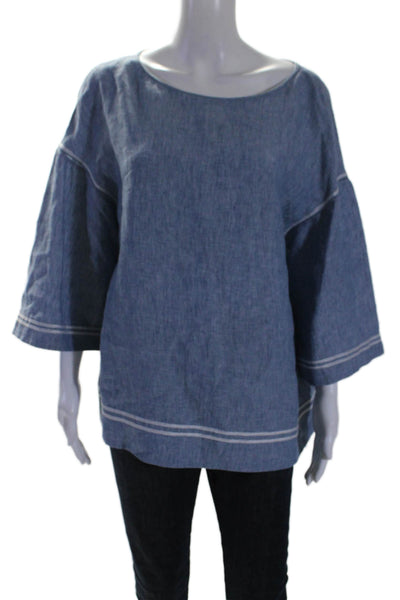 Lafayette 148 New York Womens Linen Long Sleeves Blouse Blue White Size Large