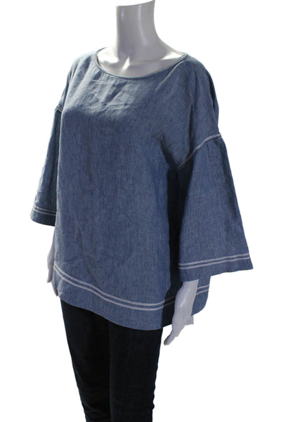 Lafayette 148 New York Womens Linen Long Sleeves Blouse Blue White Size Large