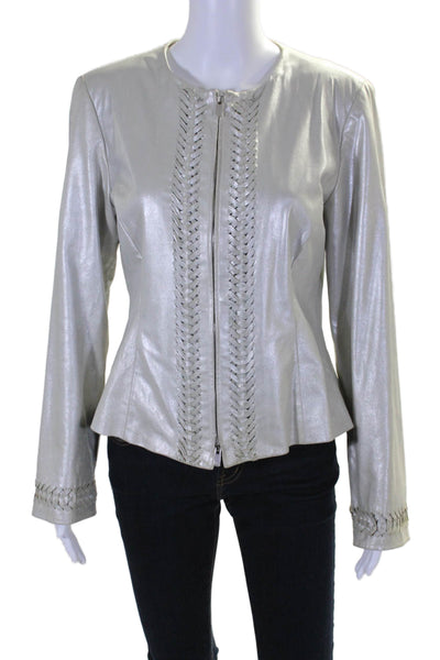 Armani Collezioni Womens Leather Textured Braided Zipped Jacket White Size 10