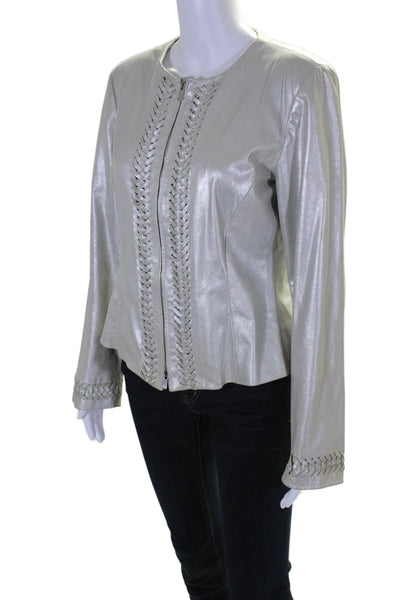 Armani Collezioni Womens Leather Textured Braided Zipped Jacket White Size 10