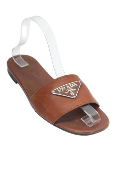 Prada Womens Single Strap Triangle Logo Slide Sandals Brown Leather Size 39