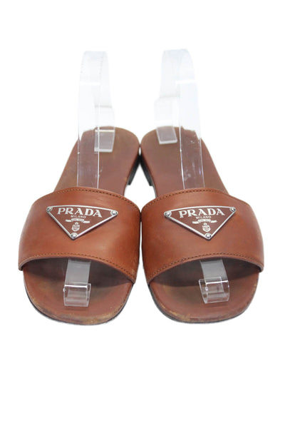 Prada Womens Single Strap Triangle Logo Slide Sandals Brown Leather Size 39