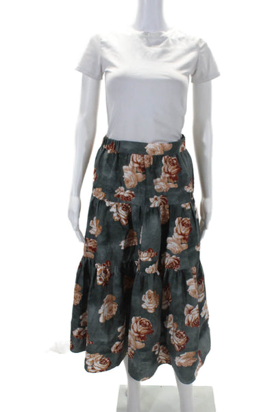 The Westside Womens Cotton Tiered Zip Floral Printed Long Skirt Green Size S