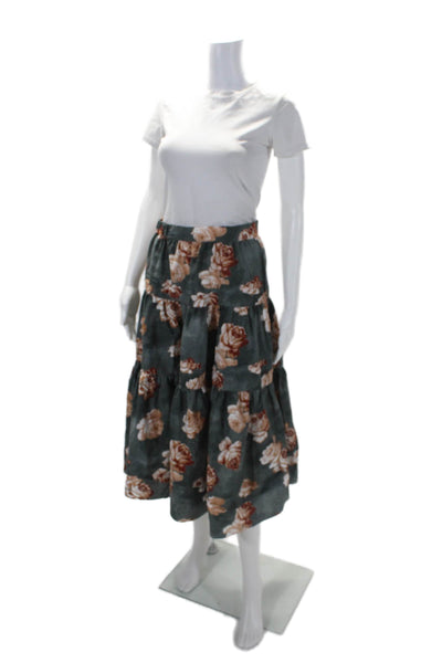 The Westside Womens Cotton Tiered Zip Floral Printed Long Skirt Green Size S