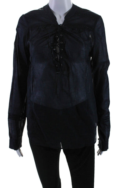 Paige Women's V-Neck Lace Up Long Sleeves Cotton Blouse Black Size S