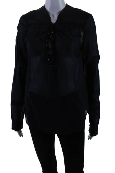 Paige Women's V-Neck Lace Up Long Sleeves Cotton Blouse Black Size S