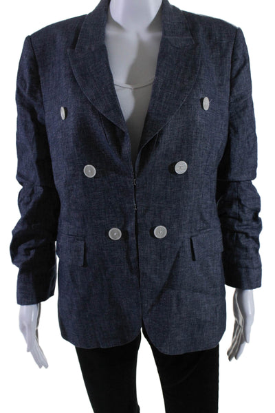 10 Crosby Derek Lam Womens Linen Double Breasted Hook & Loop Blazer Blue Size 12