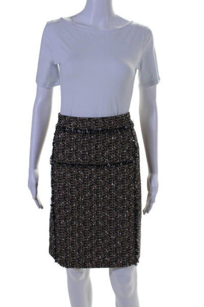 Tory Burch Womens Tweed Fringe Trim Knee Length Pencil Skirt Brown Size 10