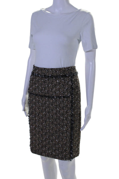 Tory Burch Womens Tweed Fringe Trim Knee Length Pencil Skirt Brown Size 10