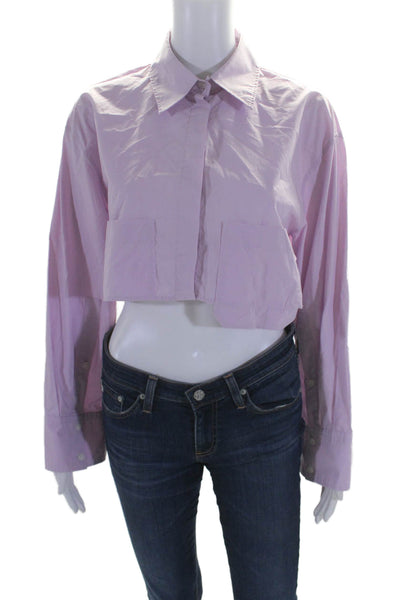 Zara Womens Button Front Long Sleeve Collared Cropped Shirt Purple Size Small