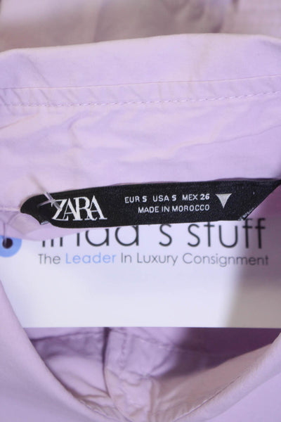 Zara Womens Button Front Long Sleeve Collared Cropped Shirt Purple Size Small