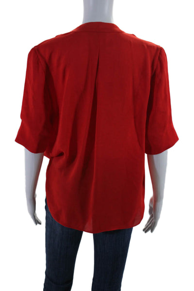 Joie Womens Bright Red Silk V-Neck Short Sleeve Blouse Top Size L