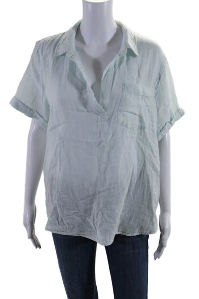 Rails Womens Cotton Light Blue Collar V-neck Short Sleeve Blouse Top Size L