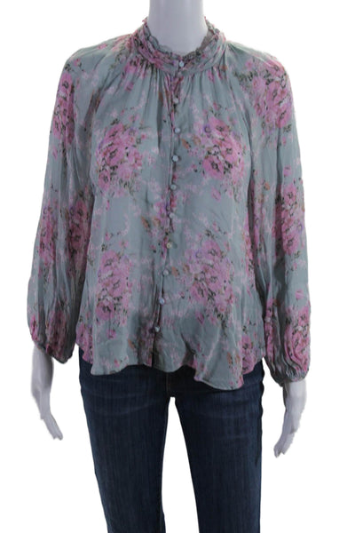 Love Shack Fancy Womens Blue Pink Floral Ruffle Button Front Blouse Top Size M