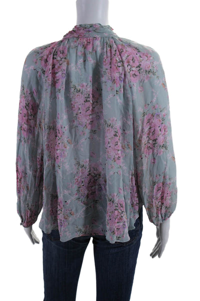 Love Shack Fancy Womens Blue Pink Floral Ruffle Button Front Blouse Top Size M