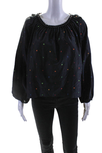 Farm Rio Womens Cotton Polka Dotted Beaded Neckline Long Sleeve Top Black Size S