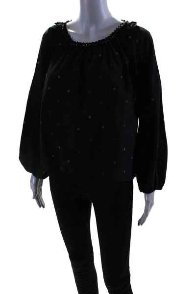 Farm Rio Womens Cotton Polka Dotted Beaded Neckline Long Sleeve Top Black Size S