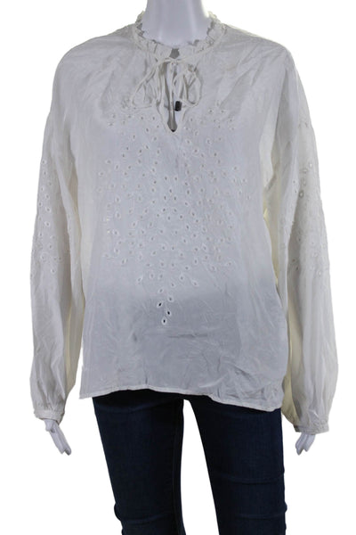 Go By GoSilk Womens Silk Long Sleeve V Neck Embroidered Blouse White Size M