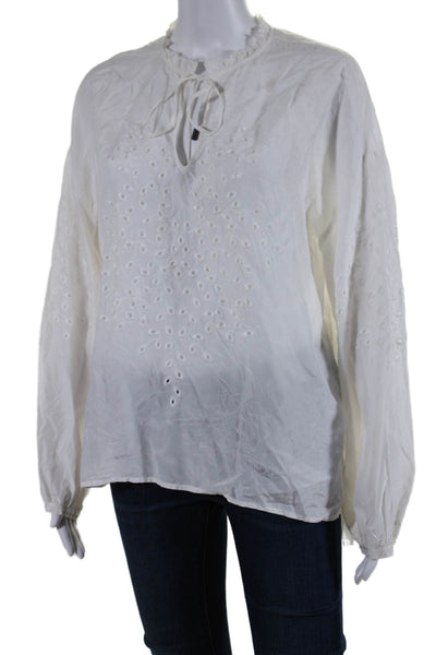 Go By GoSilk Womens Silk Long Sleeve V Neck Embroidered Blouse White Size M