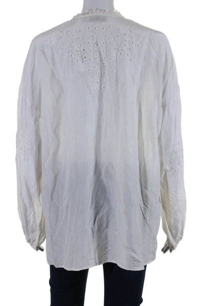 Go By GoSilk Womens Silk Long Sleeve V Neck Embroidered Blouse White Size M