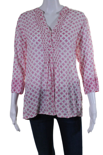 Roberta Roller Rabbit Womens Cotton Diamond Print Pleated Blouse Pink Size M