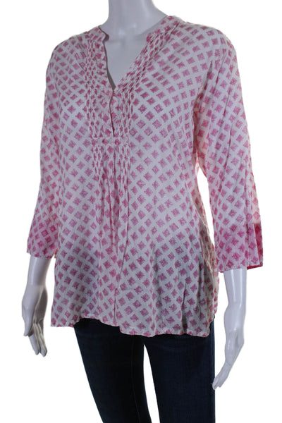 Roberta Roller Rabbit Womens Cotton Diamond Print Pleated Blouse Pink Size M