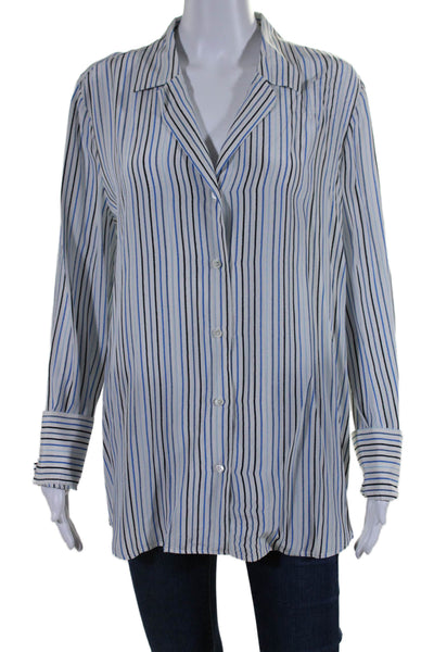 Frame Womens Silk Long Sleeve Striped Button Down Blouse Blue Size L